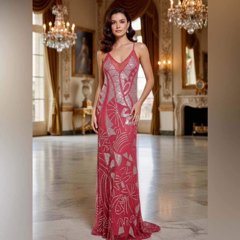 Elegant Pink and Silver hand beaded Evening‎ Gown